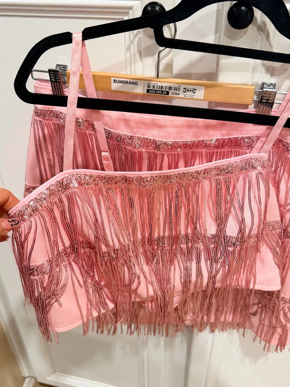 Altar'd State Pink Fringe Mini Skirt with Metallic Thread